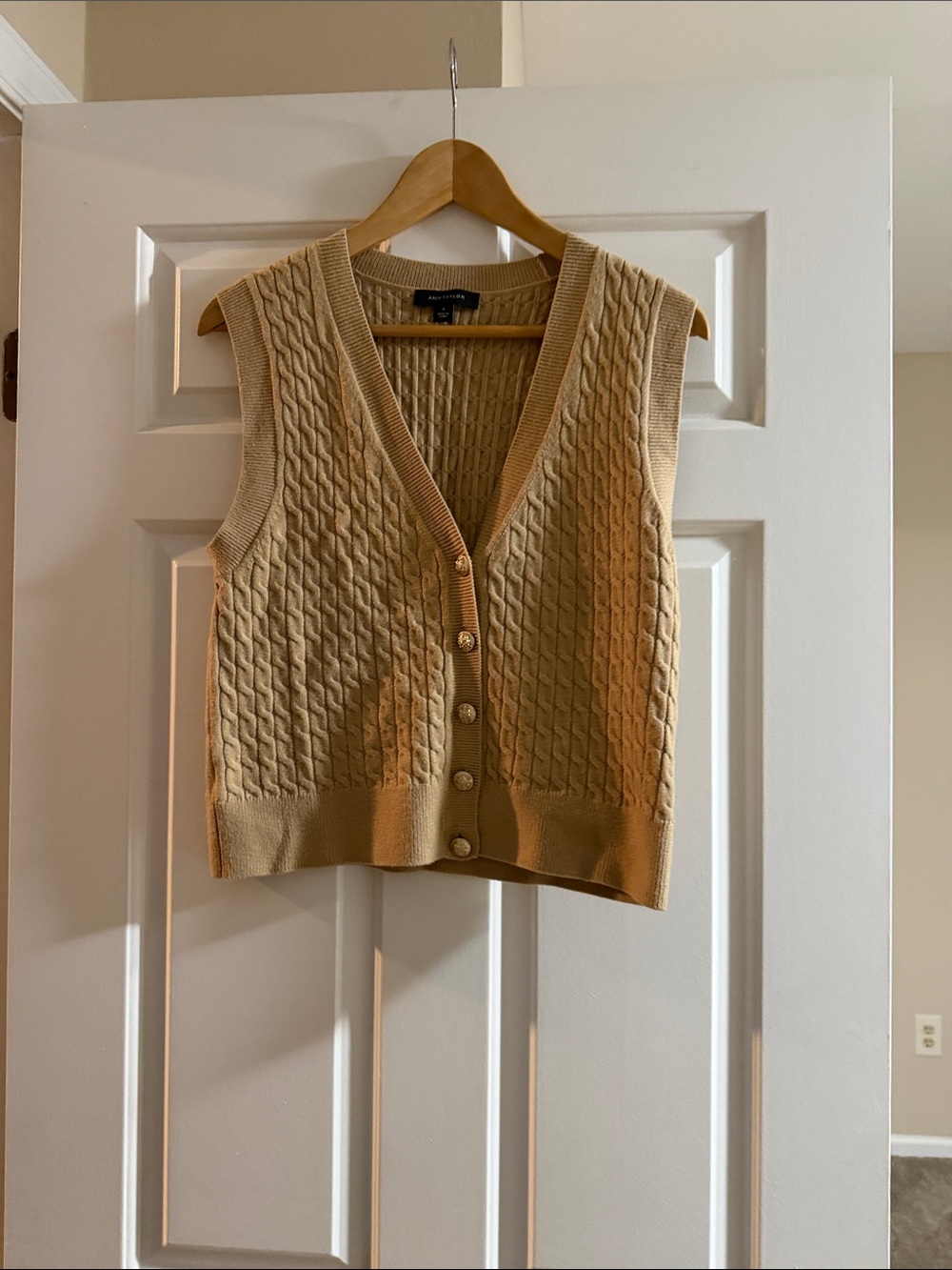 Ann Taylor Sleeveless Cable Knit Button-Front Vest - Camel/Tan
